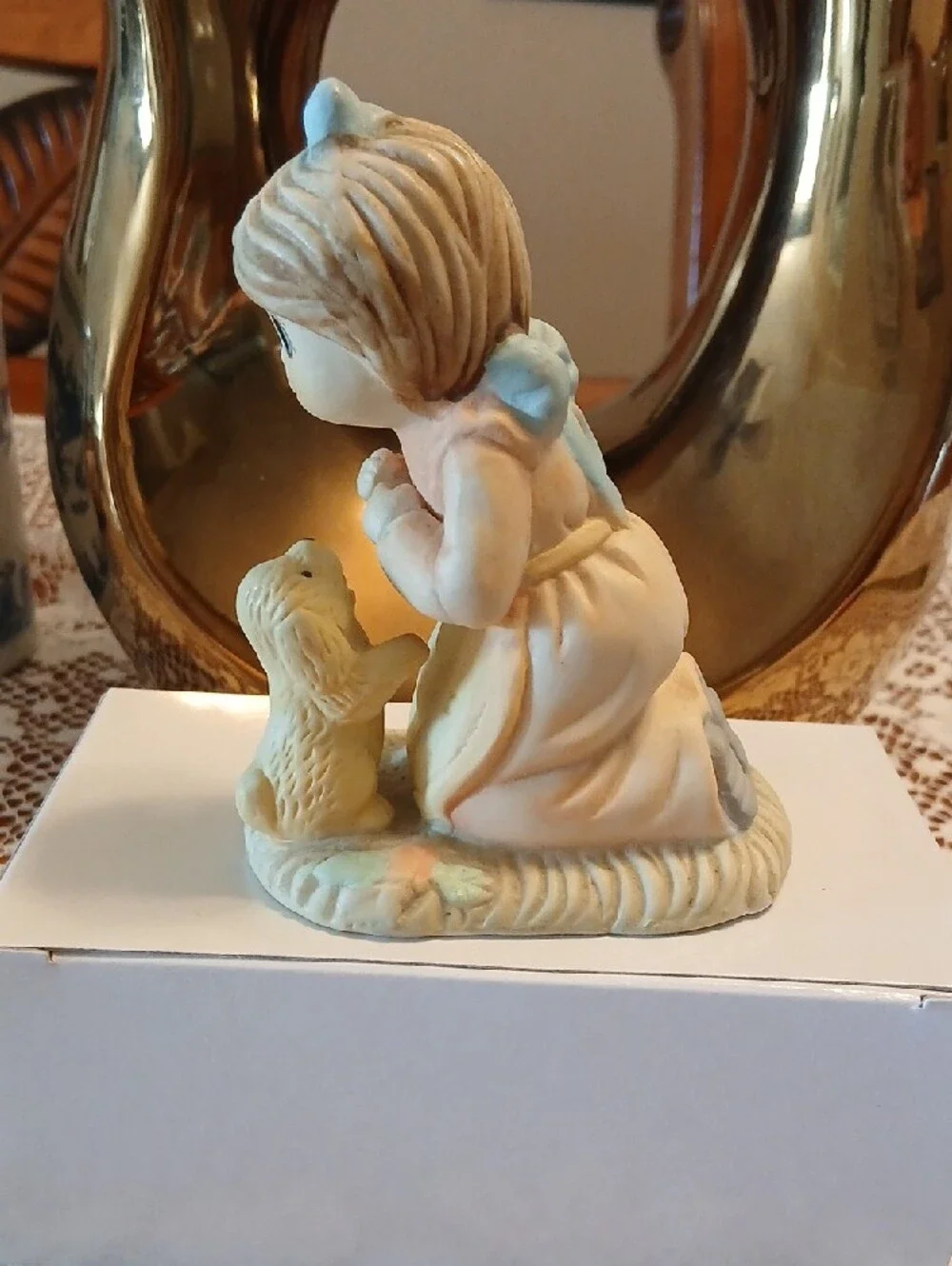 Ceramic Girl Figurine with Puppy - Pastel Blue Accent